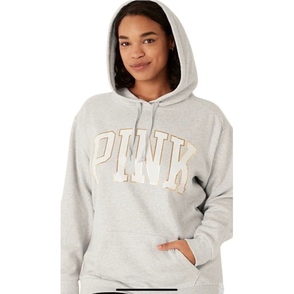 PINK Victoria's Secret Grey Hoodie Sweatshirt Logo Gold Detail Hooded Pullover M